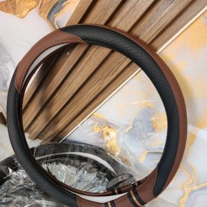 Universal Premium Leather Steering Wheel Cover – Brown & Black