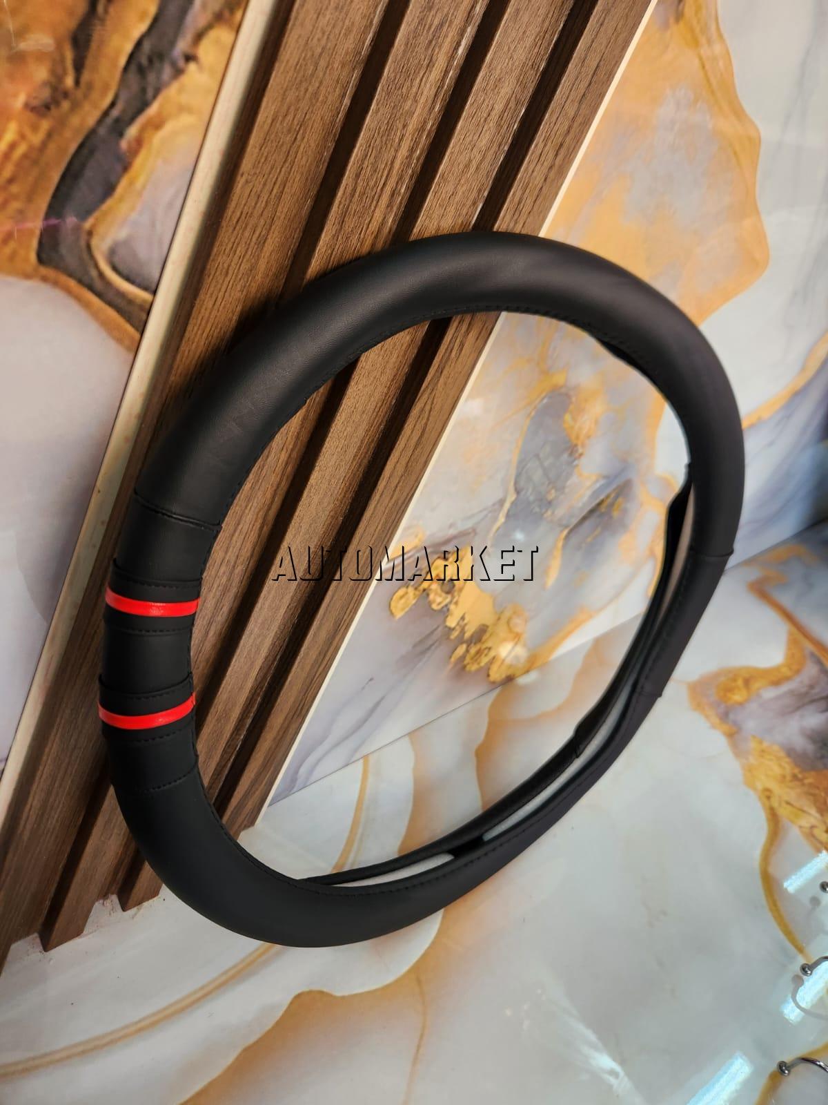 Universal Black Steering Wheel Cover with Red Stripe