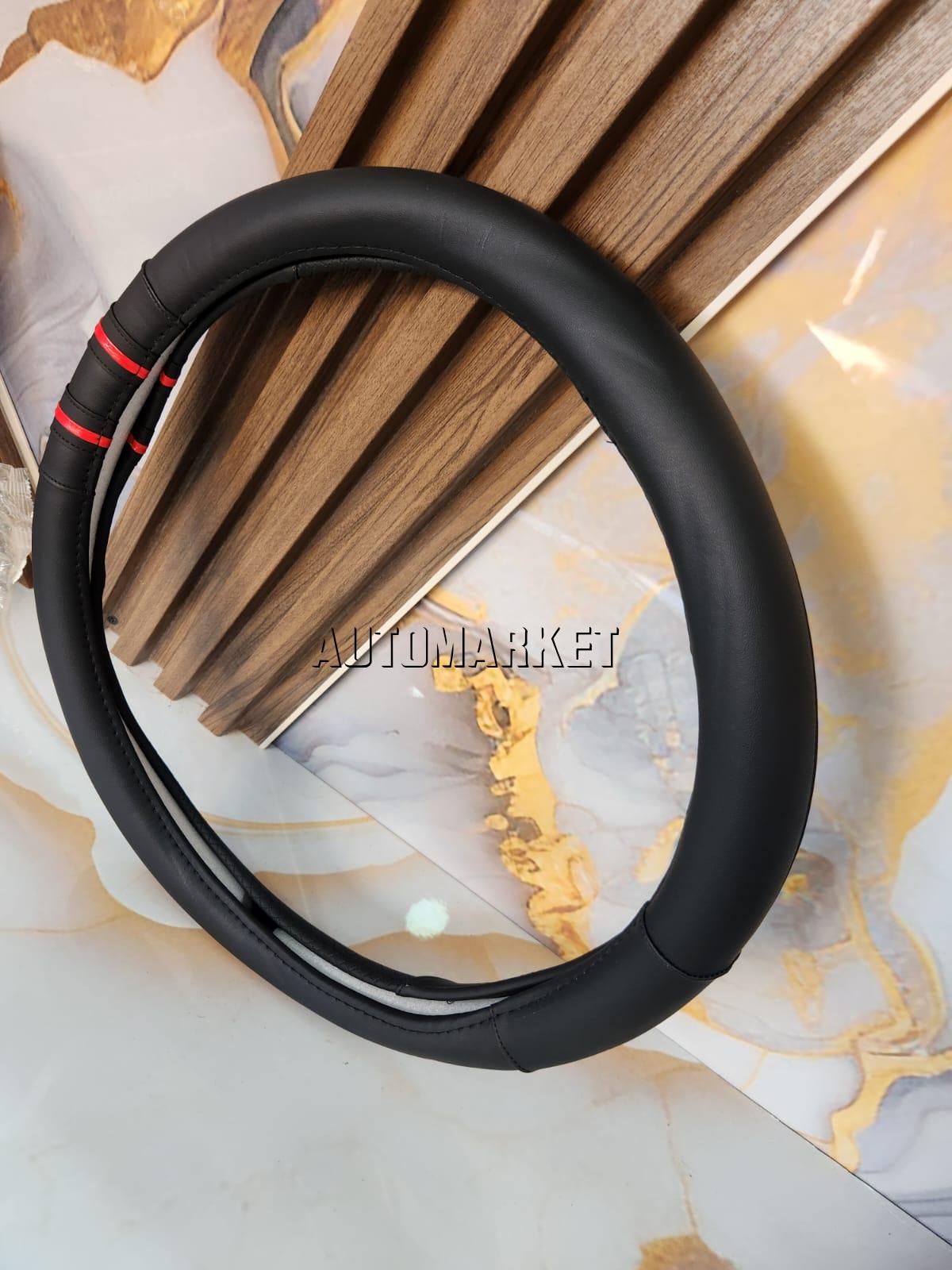 Universal Black Steering Wheel Cover with Red Stripe