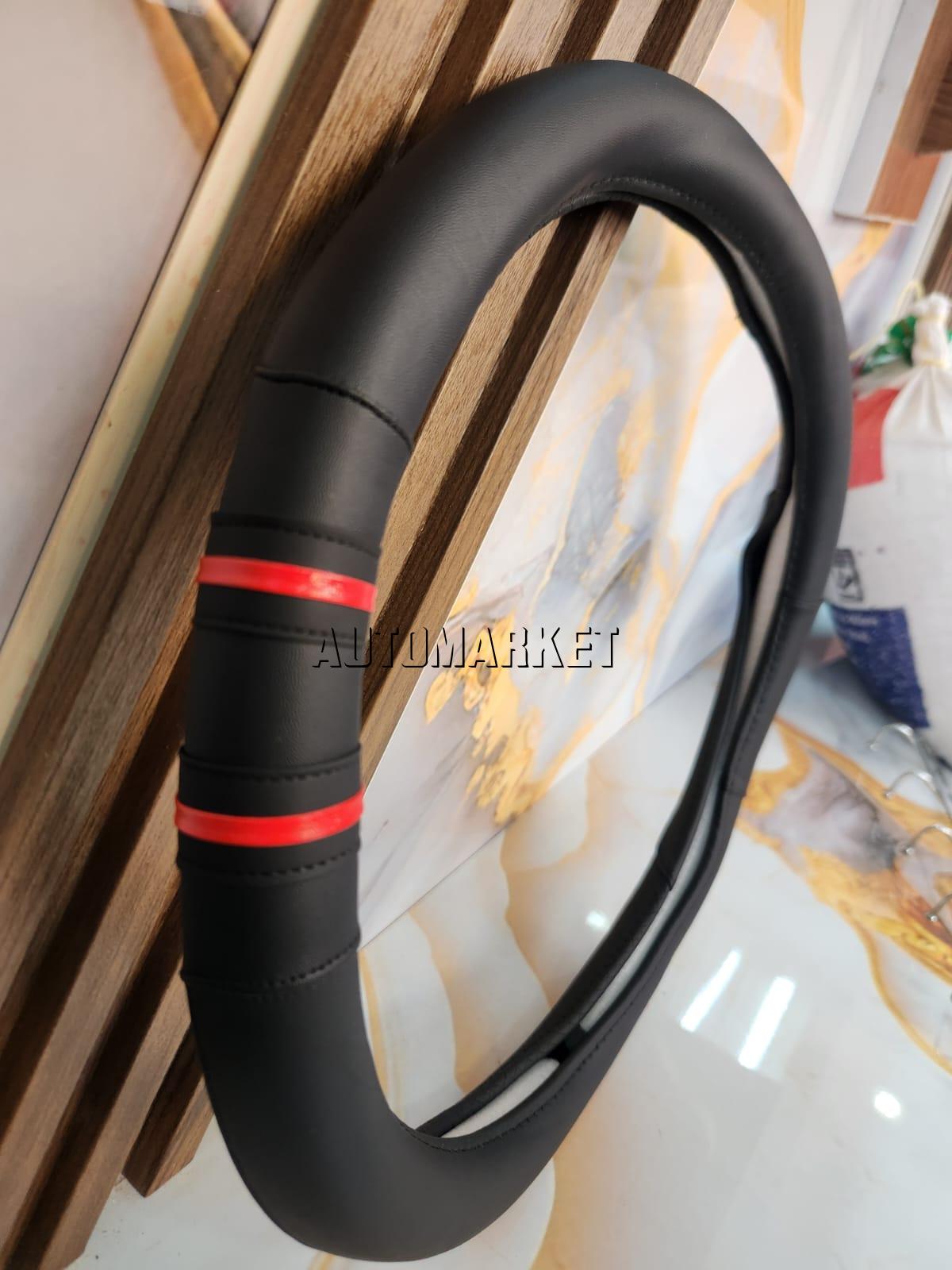 Universal Black Steering Wheel Cover with Red Stripe